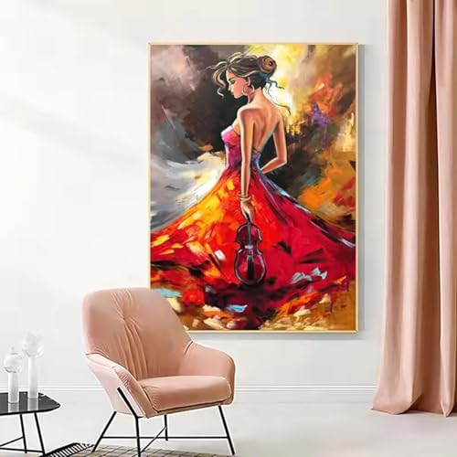 Peinture à l'huile abstraite de fille de violon sur toile multicolore 80x120cm