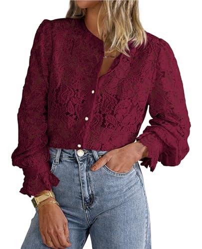 PRETTYGARDEN Women's Dressy Casual Lace Blouse Long Sleeve Button Up Shirts Tops Spring Fall Fashion Clothes