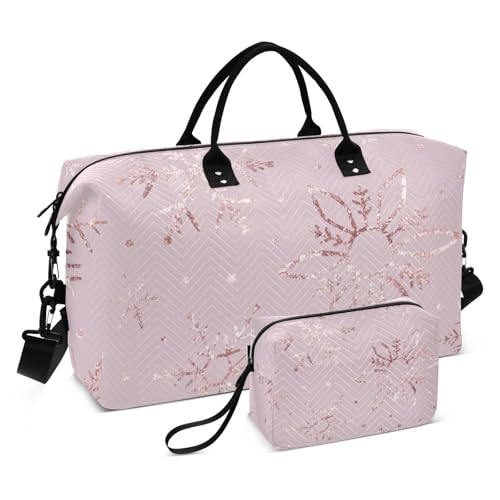 OTVEE Rose Gold Winter Snowflakes Travel Gym Duffel Bag Quilted Weekender Bags Carry on Overnight Tote Bag for Women Men