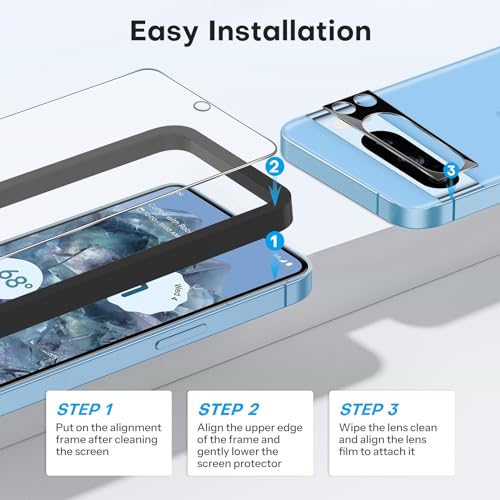 OMOTON for Pixel 8 Pro Screen Protector, 3 Pack for Pixel 8 Pro Tempered Glass, 3 Camera Lens Protector, Fingerprint Sensitivity (6.7 Inch, 2023 Released) - Thumbnail 4