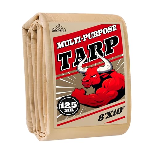 Tarp 8x10 Heavy Duty Waterproof Beige Tarp 12.5mil,Durable,Multipurpose, Weather Resistant,Uv Resistant,Tear Resistant,Can Be Used for Outdoor Furniture,Cars,Ships,Roofs-by MVPNET