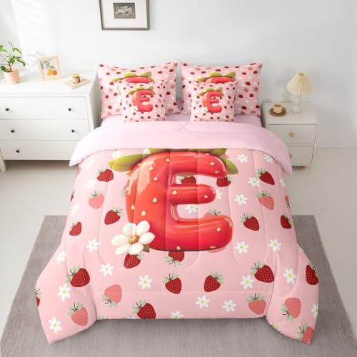 Image of Feelyou Girls Pink Red Strawberry Comforter Set with Sheets 7 Piece Full Size Initial Letter E Bedding Set for Kids Boys Girls Princess Strawberry Bed in a Bag Room Decor Soft Lightweight Microfiber