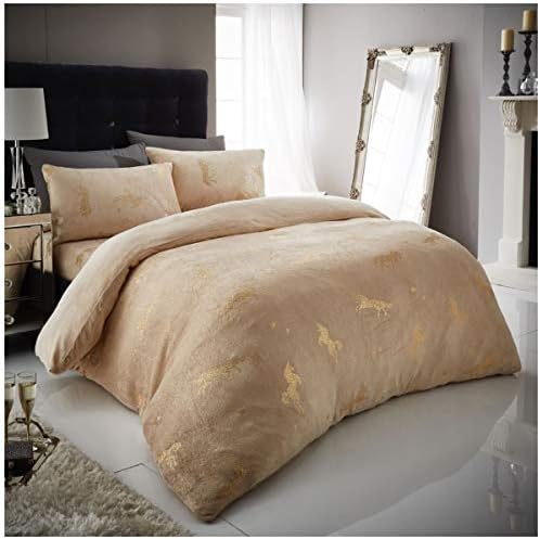 GC GAVENO CAVAILIA Teddy Bear Unicorn Fleece Bedding, Luxury Soft & Cosy Warm Thermal Fluffy Double Duvet Set, Natural