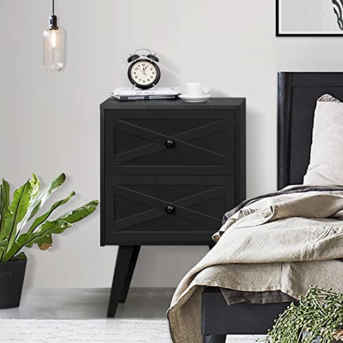Lerliuo Mid-Centry Modern Nightstand With 2 Stroage Drawers, Farmhouse End Table With Barn Door, Bedside Table, Rustic Wood Sofa Side Table, Black Nightstands For Bedroom, Living Room, Dorm #TOP5