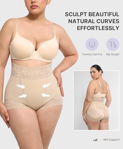 Image of SHAPELLX Mid Waist Tummy Control Shapewear Briefs Lace Body Shaper Panties | Easy to put on, wear as regular underwear, stay-put lace waistband & hems, skin-friendly fabric, invisible under clothing