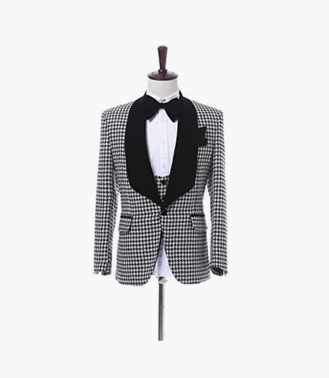 Slim Fit Mens Plaid Suit Houndstooth Tuxedo Wedding Party Groom Suits Jacket Vest Pant 3 Piece Set2