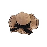 Women's Wide Brim Straw Hat, Summer Beach Sun Protection Hat with Bowknot (Khaki)