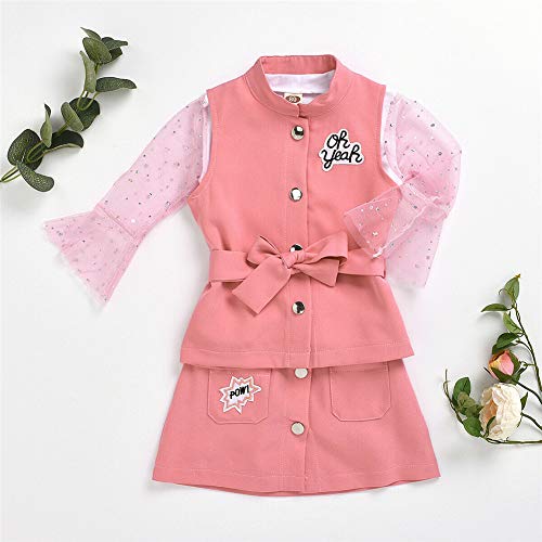 Toddler Baby Girl Fall Skirt Set Belt Jacket Coat Gauze Sleeves T-Shirt Tops Mini Skirts Party Dress Clothes (3Pcs Pink, 18-24 Months)
