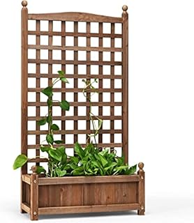TANGZON Wooden Plant Stand with Trellis, Freestanding Flowers Climbing Rack with 2 Drain Holes, Outdoor Multifunctional Trough Planter for Patio, Balcony, Garden and Backyard (64 x 28 x 120cm)