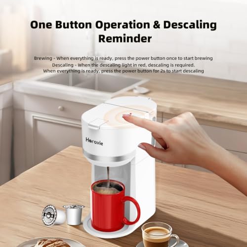 Image of Horavie Mini Single Serve Coffee Maker for K-Cup Pod & Ground Coffee, Fast Brew One Cup Coffee Machine with Descaling Reminder and Viewing Tank, 6 to 12 oz. Brew Sizes, White
