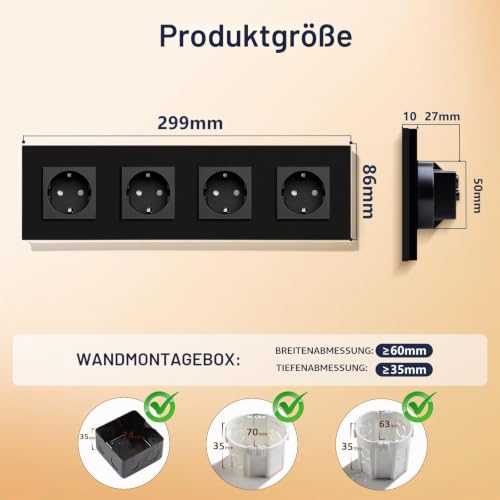BSEED Schuko Steckdose 4 Fach Kristall Glas Platte Steckdose 16Amp Unterputzsteckdose 299mm Schwarz Verlängerungssteckdosen Wandsteckdose – Ansicht 2