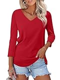 Picture of Minetom Women's V Neck 3/4 Sleeve T Shirt Solid Casual Basic Tops Summer Tees A Red