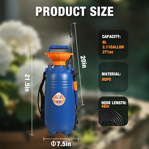 Image of WADFOW 2.11 Gallon Pump Pressure Sprayer, Lawn & Garden Water Spray Bottle for Pests Controlling, Garden Watering and Household Cleaning