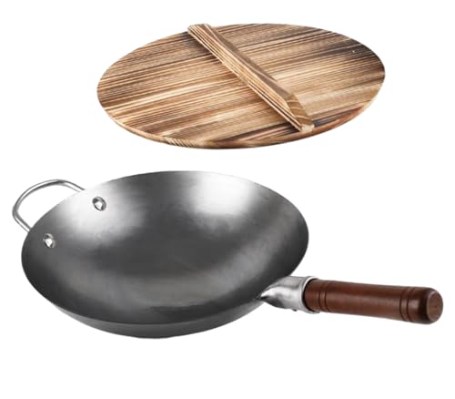 Home & Treat Silver Wok Pan with Wooden Lid, 36 cm, Carbon Steel Construction, Non-Stick Stir-Fry 14" Diameter, (Silver Wok)