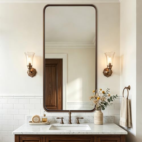 Image of ANDY STAR 24x48 Inch Bronze Bathroom Mirror, Rounded Rectangle Oil Rubbed Bronze Mirrors for Bathroom Sink,Tube Metal Framed, 1'' Deep Wall Mounted Vertically /Horizontal