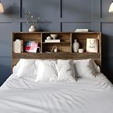 HOME DESIGN Pomona Queen Freestanding Bookcase Storage Headboard with Built-in Power Outlet and Shelves, Vintage Oak