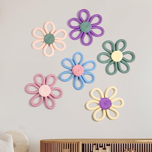 Ripeng 6 Pcs Boho Nursery Decor Flower Daisy Wall Art 6 Inch Woven Macrame Wall Hanging Bohemian Flower Decor Daisy Nursery for Baby Girls Kids Home Bedroom(Vivid Colors)