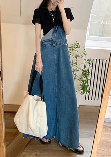 Image of chouyatou Women's Adjustable Strap Distressed Denim Overall Dress A-Line Back Split Pinafore Bib Jean Dress