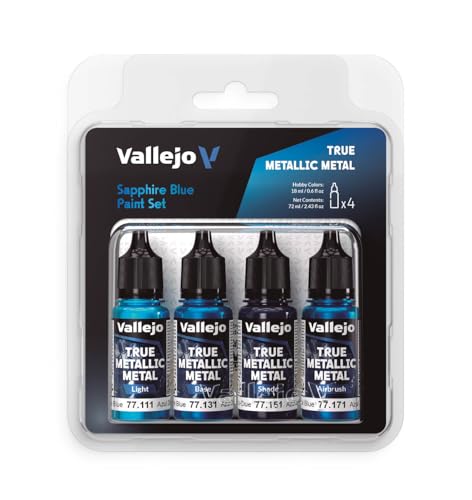 Vallejo Pintura True Metallic Metal Sapphire Blue Paint Set, 4 Colores para Pintar Metales, Incluye BASE, LIGHT, SHADE y AIRBRUSH, Sistema BSL, Resultados Consistentes y Adaptables