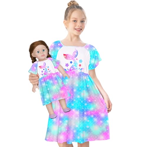 Image of Play Tailor Doll and Girl Matching Nightgown Unicorn Outfit Pajamas Night Dress for Girls and 18" Dolls Clothes