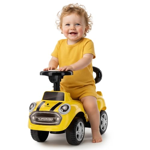sun baby Macchinina Cavalcabile per Bambini Go Go Fassion, Macchina a spinta da 12 mesi, effetti sonori, sedile e ruote in plastica, protezione antiribaltamento (Giallo)