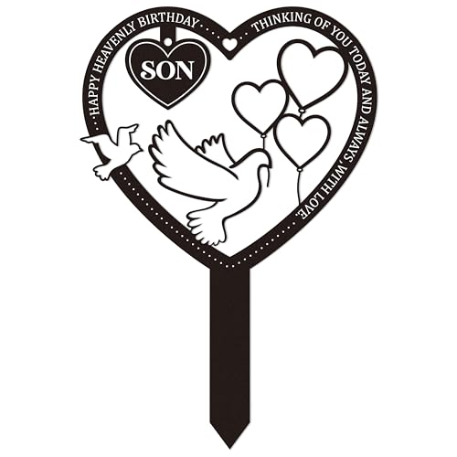 BUoonyer Stake Graves Cemetery Decorations - Son Metal Memorial Grave Markers, Boy Heart Graveyard Sympathy Plaque, Happy Heavenly Birthday Remembrance Graveside Burial Decor Sign for Outside Yard