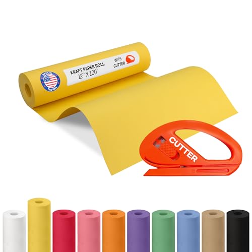 Image of Yellow Kraft Paper Roll 12 inch x 1200 inch (100 feet) with Cutter - USA-Made Wrapping Paper for Packing, Moving, Shipping & Crafts /Arts - 100% Recyclable Natural Craft Material by IDL Packaging