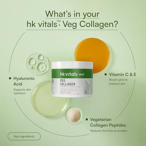 Image of hk vitals Veg Collagen Supplement Powder (Orange, 120g) | Collagen Peptides with Vitamin C, E | For Healthy Skin, Hair & Nails