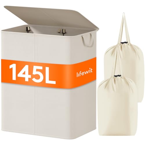 Lifewit 145L Laundry Basket with Lid, Large Double Laundry Hamper 2 Section Dirty Clothes Hamper with 2 Removable Laundry Bags and Handles for Clothes Toys for Dorm Bedroom Laundry Sorting,Cream White