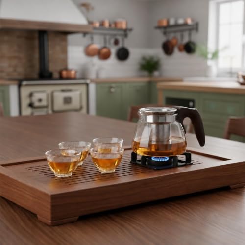 Image of Celvee Transparent Glass Teapot Set 1000ml with Stainless Steel Infuser & 4 Tea Cups | Heat Resistant Clear Tea Kettle Set | Tea Serving Set for Home, Office & Guests, Brown Handle (5 Pieces)