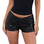 Edhomenn Women's High Waist Sequins Shorts Elastic Band Sparkly Straight Leg Shorts Y2k Glitter Party Pants (07 Black, M)