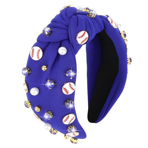 YARIEW Diadema de béisbol para mujer, diadema ancha anudada con joyas para mujeres y niñas, diadema de nudo superior para mujer, accesorios de béisbol, día de juego, deportes, mamá, Halloween (azul)