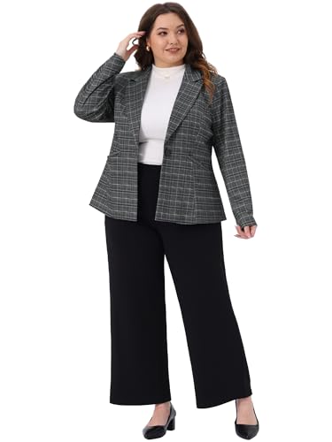 Agnes Orinda Plus Size Blazers for Women Business Casual Plaid Notched Lapel Long Sleeve Button Jacket with Pockets3