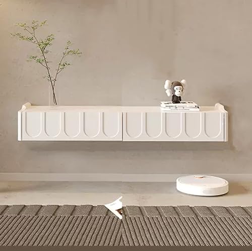 Meuble TV blanc flottante de 165 cm avec LED et tiroirs de rangement en bois
