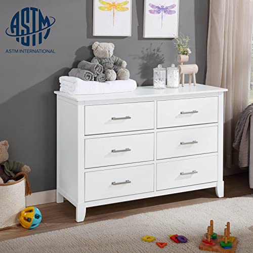 Dream On Me Universal Double Dresser In White, Kids Bedroom Dresser, Six Drawers Dresser, Mid-Century Modern, Made Of Solid, Sustainable Pinewood, Easy Assembly #TOP4
