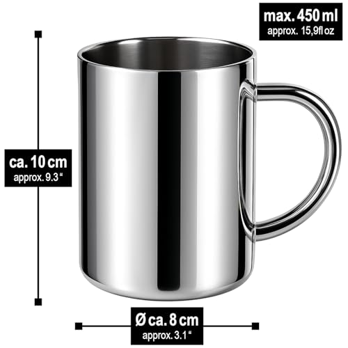 Wilhelm Sell® 2x kubki termiczne 450 ml ze stali nierdzewnej – podwójne scianki z uchwytem – trwale i odporne na stluczenia – idealne na biwak, podróze i codzienny uzytek (450ml - 2 sztuki)