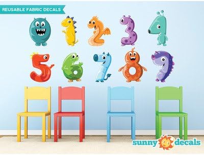 Monster Numbers Fabric Wall Decals, Colorful Numbers from 0 to 9, Various Fun & Friendly Monsters, 3 Sizes to Choose from, Repositionable