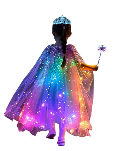 LEDPATY Girls Princess Cape Sets LED Light Up Cloaks Halloween Dress Up with Tiara Crown, Wand,Necklace(White, M5-6Y)