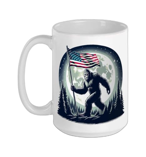 Bigfoot & Sasquatch, Patriotic, USA American Flag, Full Moon Ceramic Mug, White, 15oz