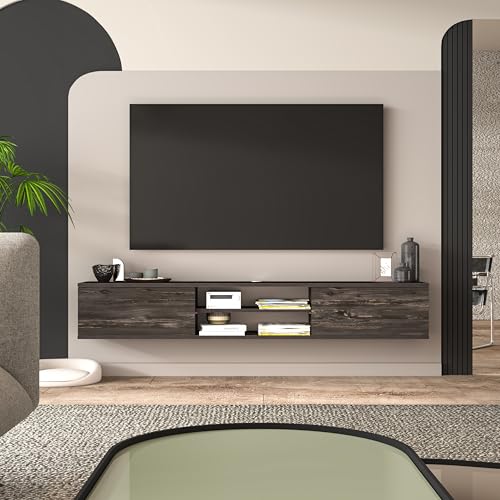 Adam Home Design Black Floating TV Stand Under TV Shelf, Wall Mounted Shelf, Modern Floating Entertainment Center, 71" Large Storage Media Console Wall Unit for Living Room,Bedroom (Black Oak)