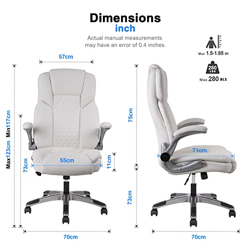 Managerial And Executive Office Chair,Ergonomic White Pu Leather Office Desk Chair,Diamond Stitched High Back Swivel Task Chair With Rocking Function,Adjustable Flip-Up Armrests Computer Chair #TOP1
