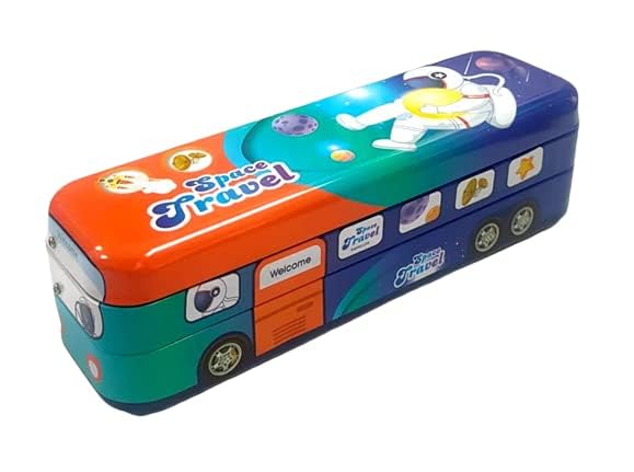 CherryBox Metal Bus Shape Printed Pencil Box with Wheels Stationery Set (Green Space Travel)