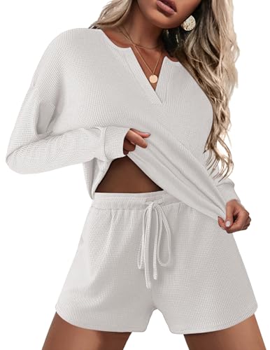 Ekouaer Pajama Set for Women Waffle Knit Lounge Sets Long Sleeve Top and Shorts Sleepwear Matching Loungewear S-XXL