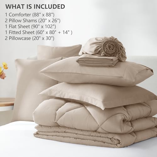 Image of CozyLux Queen Comforter Set Wheat - Bed in a Bag Queen Size 7 Pieces, Luxury Soft Bed Set for All Seasons, Bedding Set with Down Alternative Comforter, Sheets, Pillowcases & Shams