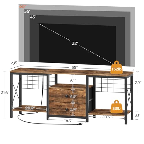 Image of YATINEY TV Stand with Power Outlet Up to 60 Inch, Entertainment Center with 2 Fabric Drawers, TV Console Table with Open Storage Shelves for TVs, Cable Management, for Living Room, Bedroom, DS14UBRY1