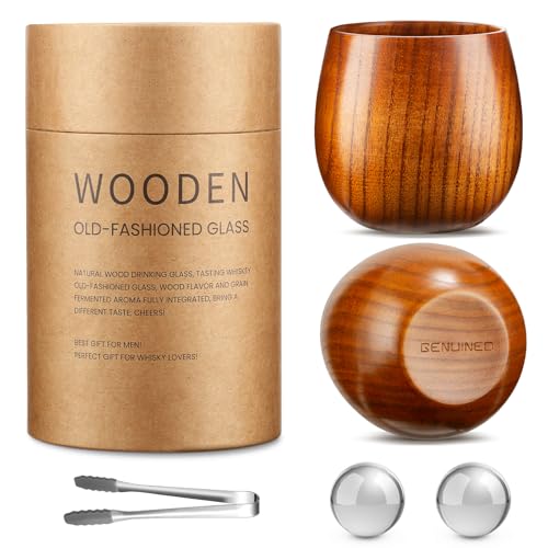GENUINED The Original Wooden Whiskey Glasses Set of 2, Bourbon Gifts for Men, Anniversary, Birthday Gifts, Old Fashioned Wood Bourbon Drinking Glass