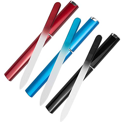 Glass Nail File Manicure Set for Gentle Nail Care & Professional Smooth Finish - 3 Piece Premium Glass Nail File Set (Red-Black-Blue)