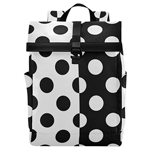 Acpiggto Roll Top Backpack Daypack Shoulder Bag Polka Dots Black White Rucksack Bookbag Laptop Compartment