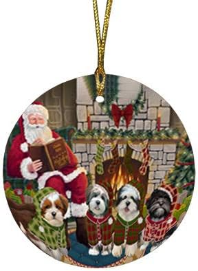 Santa Sled Dogs Lhasa Apso Christmas Round Flat Ornament - Pet Decorative Hanging Ornaments for Christmas X-mas Tree Decorations - 2.75" Round Flat Ceramic Christmas Ornament POR1530