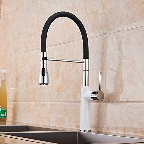 Grifos, Grifo de cocina negro mate Grifo de cocina con rociador de una sola palanca Mezcladores de cocina con soporte Montado en cubierta Grifo de agua fría caliente blanco cromado/Blanco cromado B